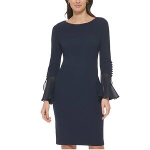 Calvin Klein Women’s Petite Chiffon Bell-Sleeve Sheath Indigo 10P Navy